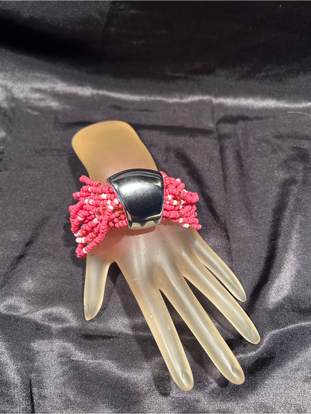 Bright Pink Multi-Strand Beaded Bracelet with Silver Clasp